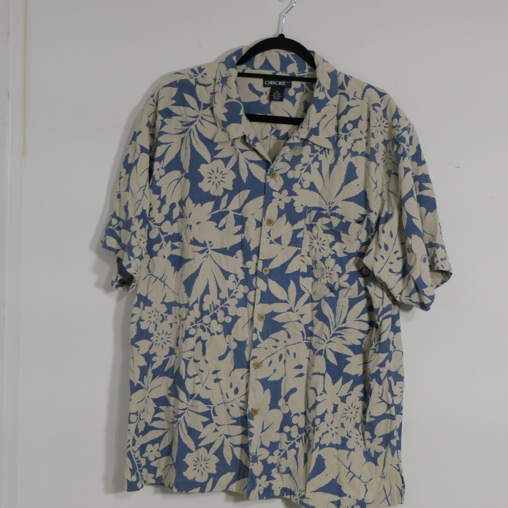 Cherokee Mens Shirt XL Blue Tropical 100% Silk Button Down Floral Camp Hawaiian